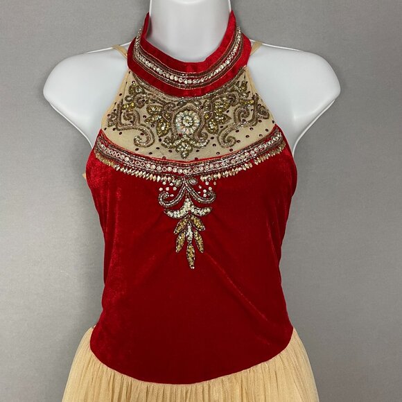 Beaded Dress Velvet Girls Maxi Red Cream Halter Tank Dance‎ Detailed FLAWS - Picture 2 of 16